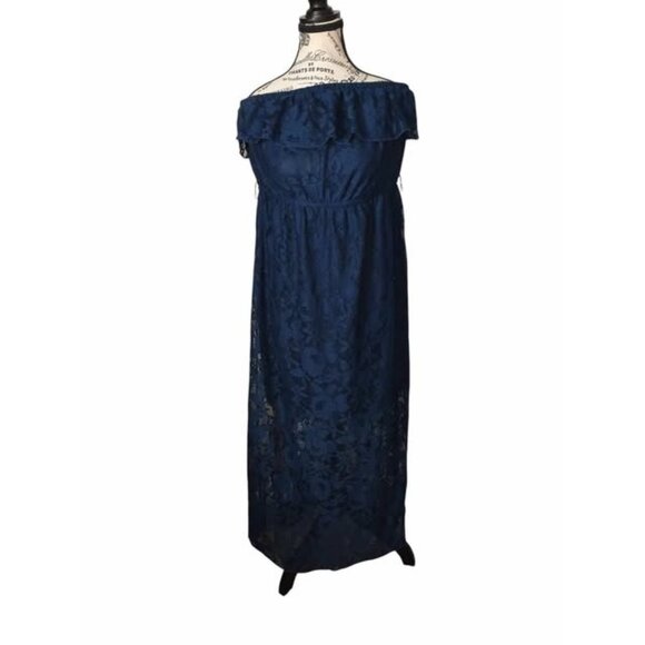 Deb Womens 1X Navy Lace Flowy Maxi Dress Off Shoulder Strap Boho Resort Summer - Picture 1 of 8